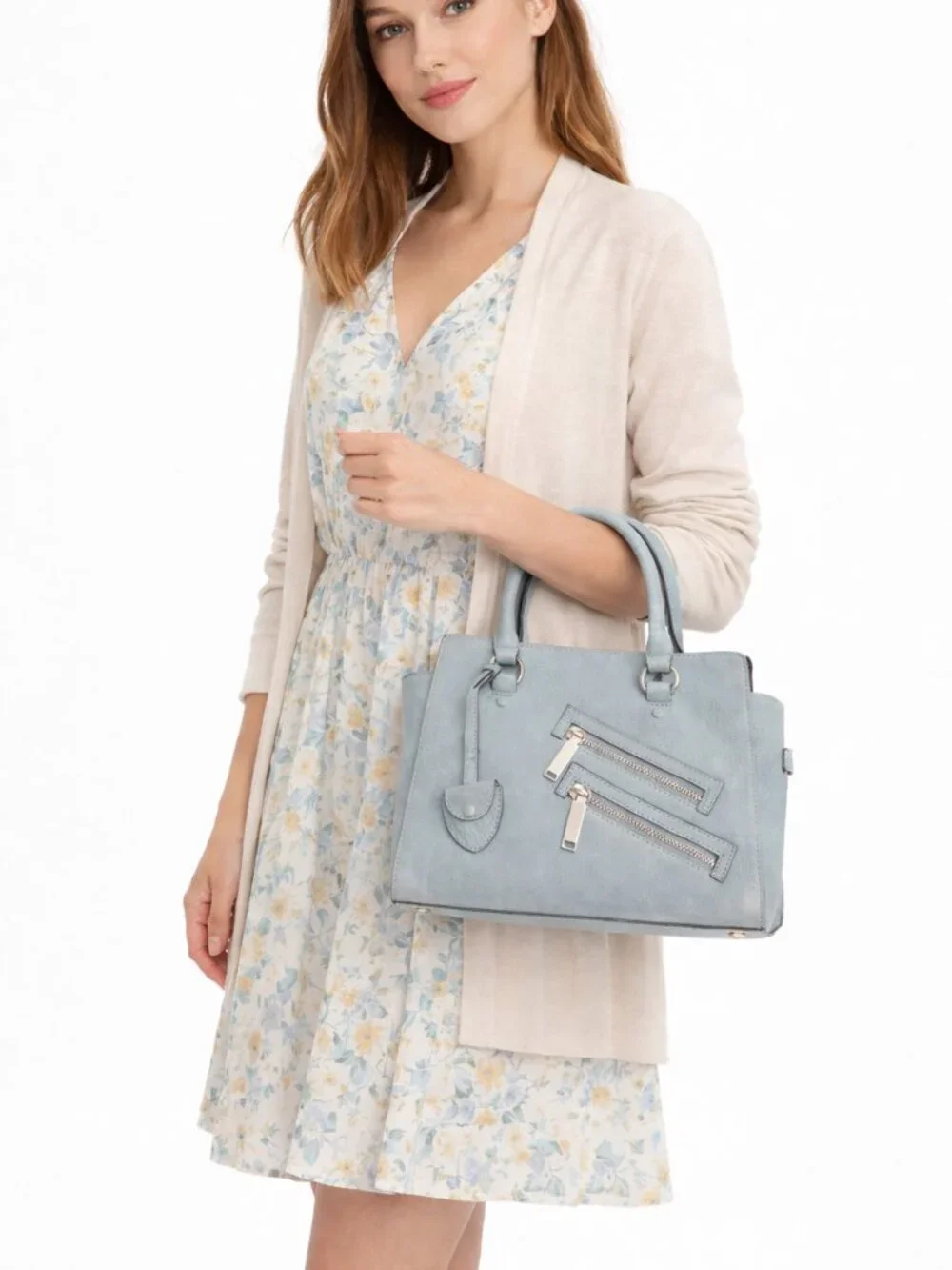 Rebecca Minkoff Small Jamie Satchel | Dusty Blue Nubuck Leather | Top Handle Bag